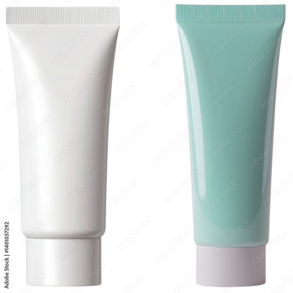Two cosmetic tubes, one white and one mint green, showcasing modern design for skincare or beauty products.