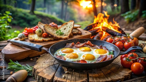camping food concept Outdoor breakfast with eggs, tomatoes, bread, and a campfire in a forest setting.