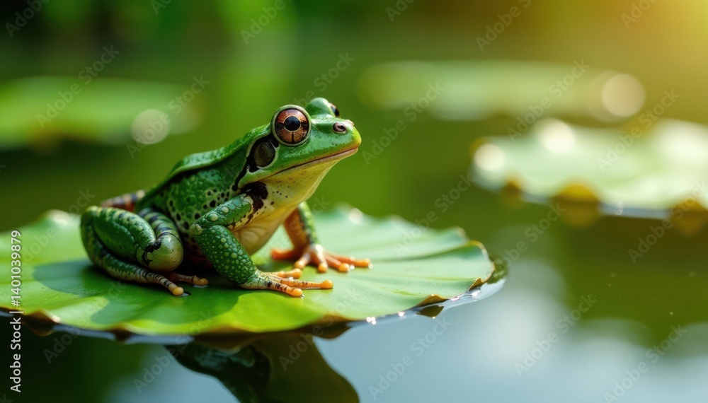 Naklejka premium Frog sitting on a lily pad in the morning light, sun, lily pad