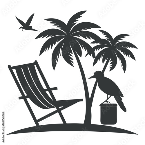 A Tranquil Tropical Beach Scene with a Relaxing Deck Chair, Palm Tree, and Birds in Silhouette

