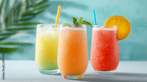 Wallpaper Mural Refreshing tropical drinks with condensation on glass, featuring vibrant colors and garnishes, evoke sense of summer relaxation. background includes soft blue hue and palm leaves Torontodigital.ca