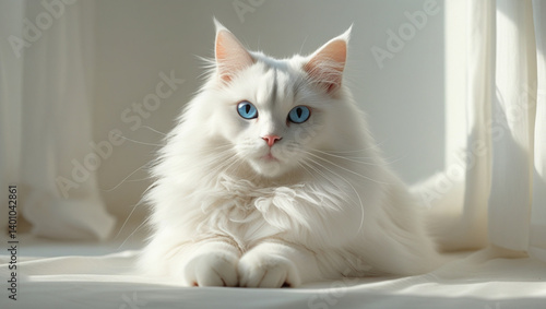 Relaxing white cat with long fur in minimal setup