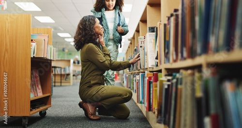 Принти на полотні Girl, woman and search by bookshelf at library by shelf with learning, help and education in corridor