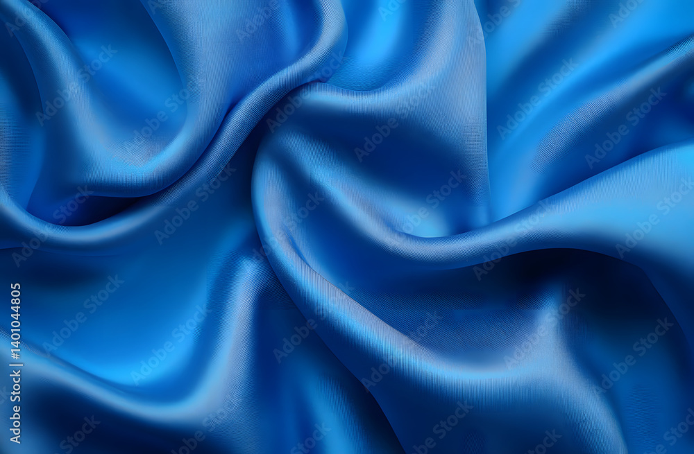 Obraz premium Blue cotton fabric background. Abstract texture, luxury cloth, soft wave. For text present, goods promotion, products display on free space background. Top view, flat lay.