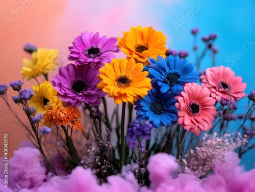 A stunning arrangement of bright, colorful flowers set against a soft, gradient background, radiating joy and vitality, perfect for celebrating beauty and nature's gifts.