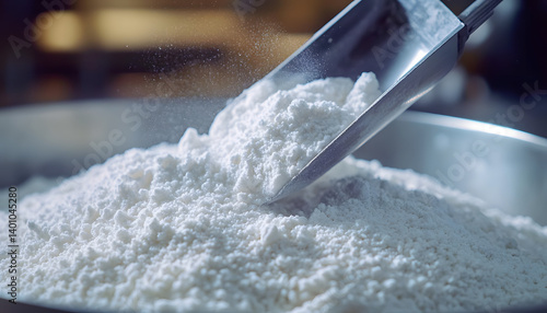 Close up view of lithium carbonate powder processed. Energy materials production. Metal scoop adds white crystal substance. Raw chemical mineral, industrial manufacturing equipment. Clean, bright