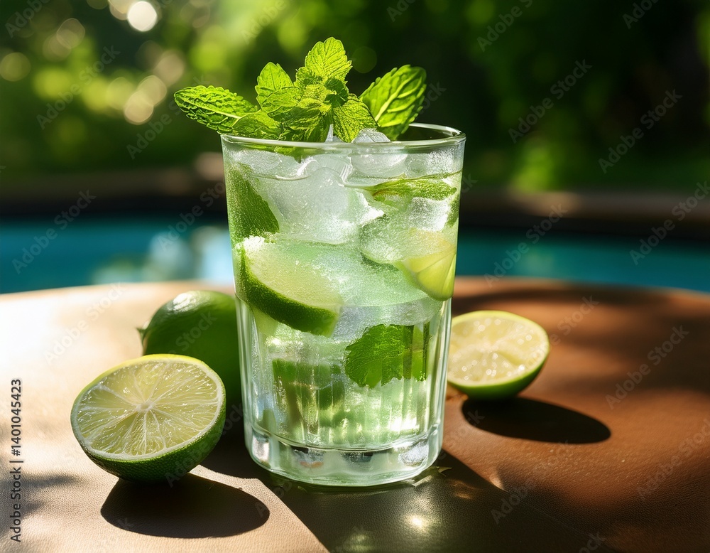 a refreshing lime and mint beverage served in a glass with crushed ice on a table ideal for summer relaxation and outdoor occasions a refreshing lime and mint beverage served in a glass with crushed ice on a table ideal for summer relaxation and outdoor occasions