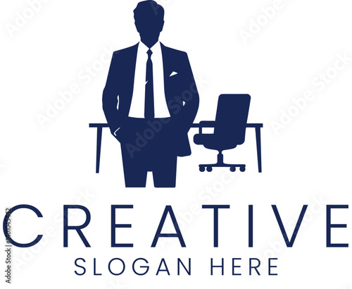 Professional Businessman Office Desk Chair Logo Design tie job suit icon work blue dark   