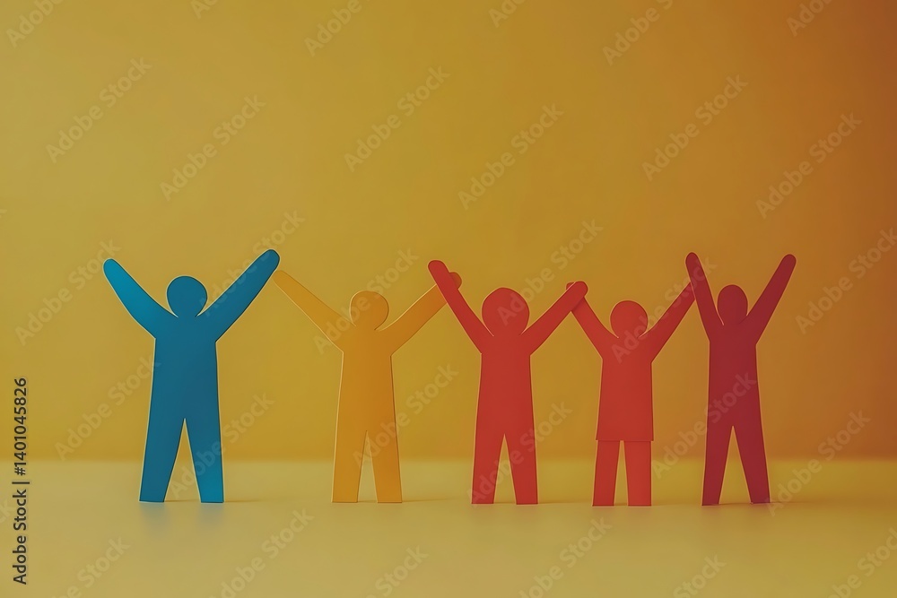 Diverse Team Success Cheerful Paper Cutouts on Yellow Diverse Team Success Cheerful Paper Cutouts on Yellow