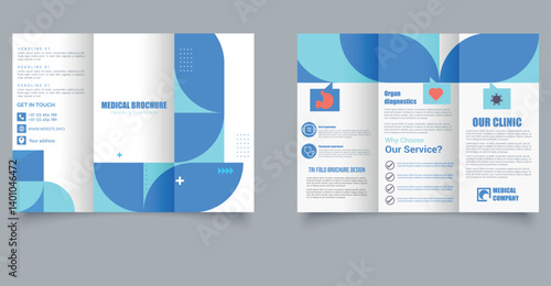 Creative Medical Trifold Brochure Template. Modern Healthcare Flyer with Blue Design. Editable image.