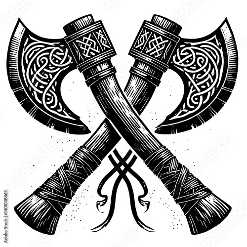 Viking Crossed Axes with Nordic Ornament Vector Illustration