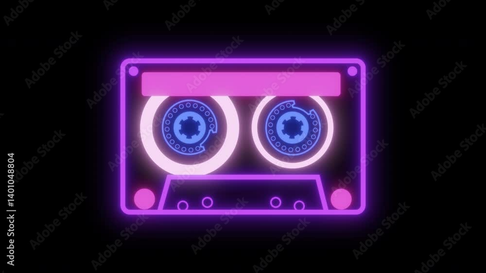 4K neon animation of a cassette tape on a black background. Playing vintage audio tape. Looping neon tape from the 80s, 90s. 4K neon animation of a cassette tape on a black background. Playing vintage audio tape. Looping neon tape from the 80s, 90s.