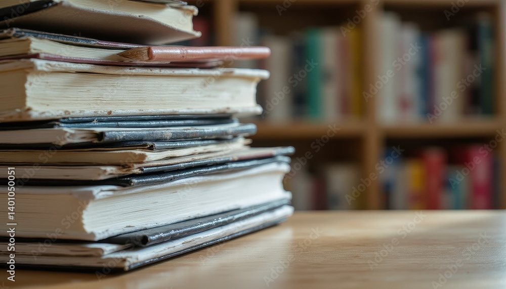 Stack of books on wooden table, library background Stack of books on wooden table, library background