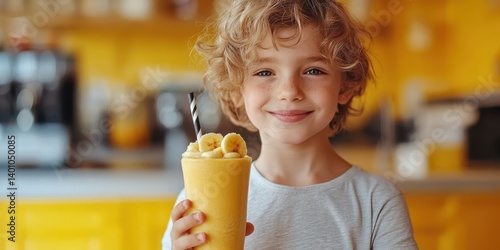 Young child enjoys a refreshing smoothie in a bright kitchen with cheerful decor and fruit toppings