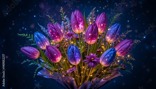 Magical bouquet of glowing tulips and daisies with sparkling lights against a starry night sky.