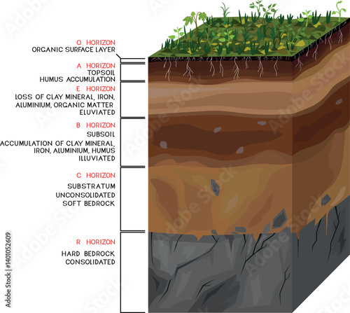 Soil profile. Scheme of a cross section of a soil, revealing horizons with titles
