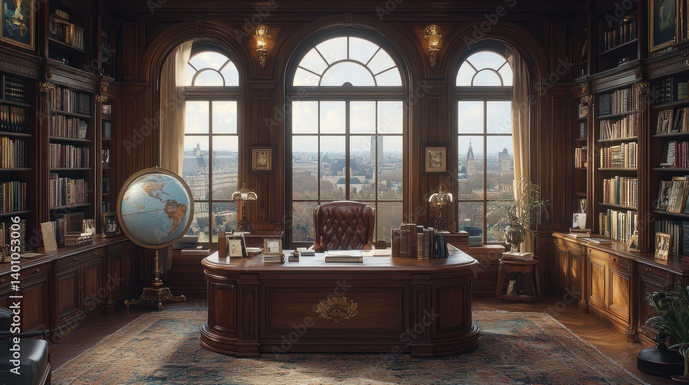 Fototapeta premium Luxurious Study with Panoramic City View