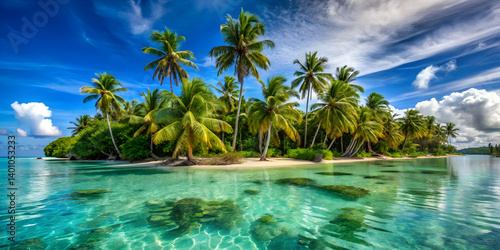 Palm trees on a tropical island with crystal-clear turquoise water