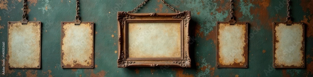 Fototapeta premium Old metal picture frame with faded image of family in vintage style hangings, faded photo on wall, old wooden picture frame