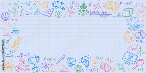 Doodles education. Hand drawn vector pattern background back to school with icon symbols. Doodle of foreign language education course for home online training study. EPS10.