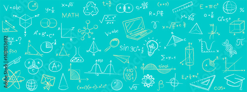 Seamless pattern background of education and science doodles drawn in a chalk sketch style. An academic vector illustration on a teal chalkboard for e-learning, technology presentations, and school.