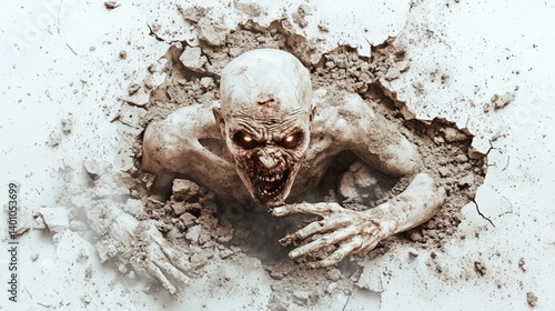 Scary undead zombie emerging from the cracked white surface, crawling with glowing eyes and decaying skin, evoking fear and horror in a chilling, nightmarish scene