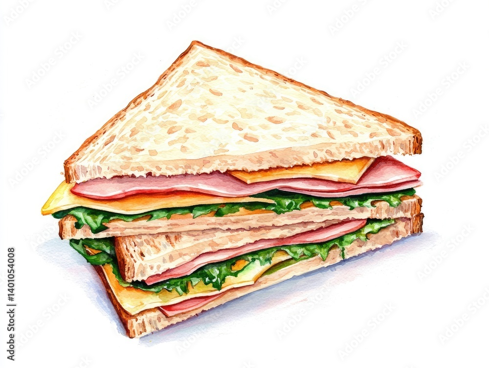 Watercolor illustration of a layered sandwich. A triangular sandwich with multiple layers of bread, ham, cheese, and lettuce.
