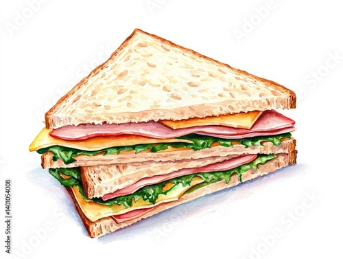 Obraz na płótnie Watercolor illustration of a layered sandwich. A triangular sandwich with multiple layers of bread, ham, cheese, and lettuce. w salonie