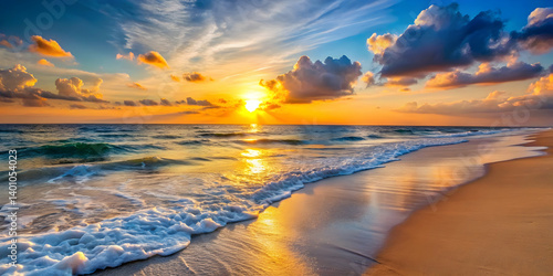 Sunset over a white sand beach with gentle ocean waves