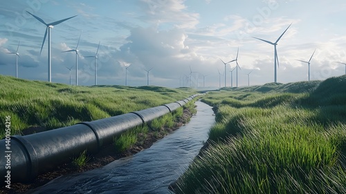 Hydrogen pipeline network running through a grassy field with wind turbines in the distance symbolizing sustainable and clean energy infrastructure