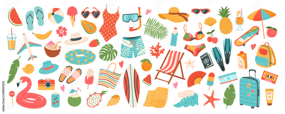 Cartoon set of summer with icons and stickers. Collection flat elements for vacation, beach holiday, weekend and summer time concept. Hand drawn modern items, signs for card, scrapbooking, print Cartoon set of summer with icons and stickers. Collection flat elements for vacation, beach holiday, weekend and summer time concept. Hand drawn modern items, signs for card, scrapbooking, print