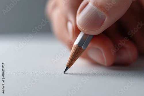 lone hand grips sleek pencil poised to sketch upon stark white page with ample copy space