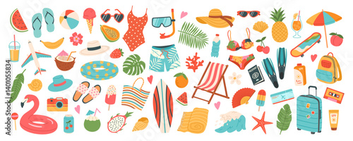 Cartoon set of summer with icons and stickers. Collection flat elements for vacation, beach holiday, weekend and summer time concept. Hand drawn modern items, signs for card, scrapbooking, print