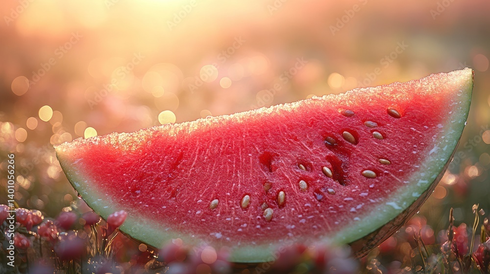 Juicy watermelon slice on dewy grass at sunset. Juicy watermelon slice on dewy grass at sunset.