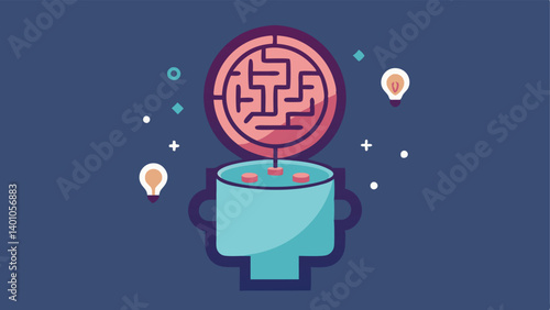 Floating Maze Head An illustration of a floating head depicted from a frontal view with an open top revealing an intricate maze within. The maze is designed with alternating colors