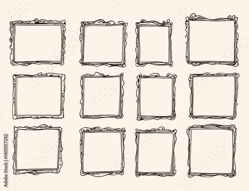 Set of Twelve Hand Drawn Square Frames  Black and White Sketch Doodle Borders with Rough Scribbled Lines Isolated on Light Background