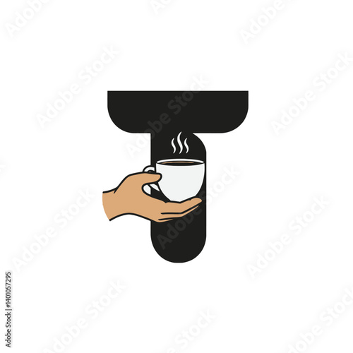 Coffee cup being held by a hand in a logo with the letter T shape