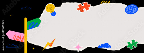 A torn paper background with various playful elements scattered around, a light bulb, a puzzle piece, a globe, directional signs and a bolt. A bizarre composition with an empty space.
