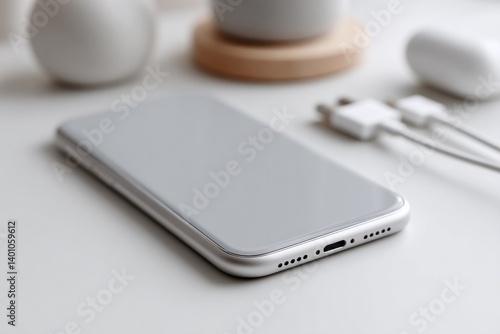 Wallpaper Mural smartphone lies on plain white desk surrounded by charging cables and digital gadgets symbolizing digital dependence Torontodigital.ca