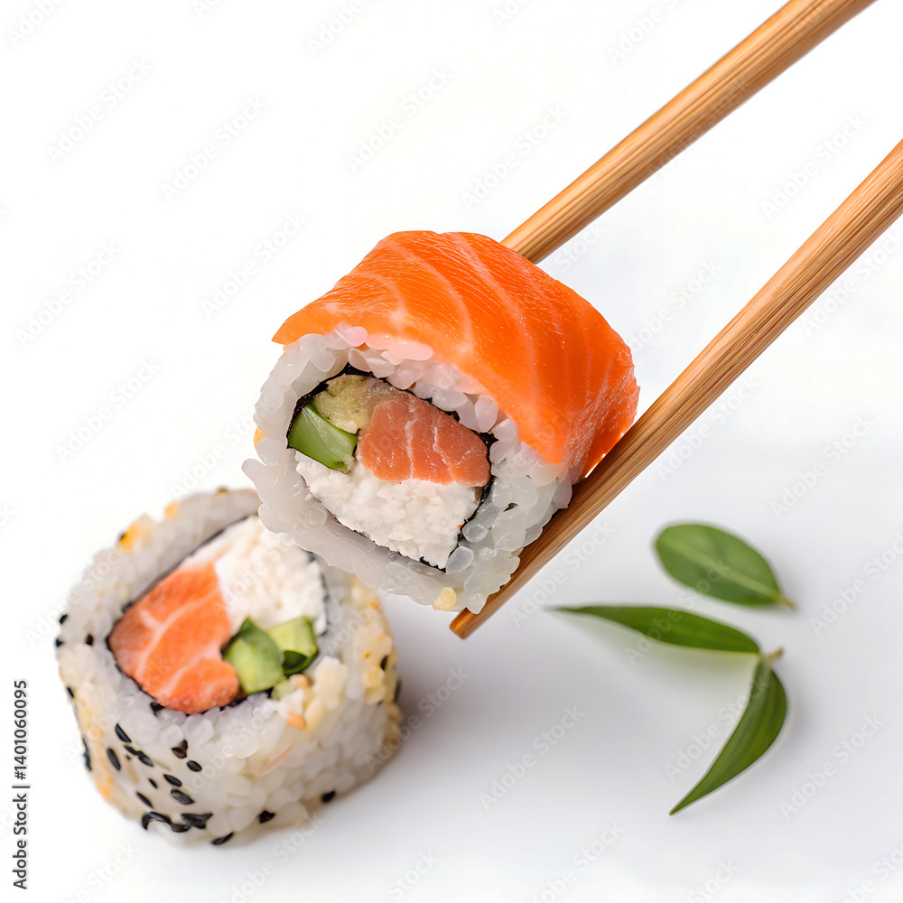 Elegant Salmon Sushi Rolls with chopstick Elegant Salmon Sushi Rolls with chopstick
