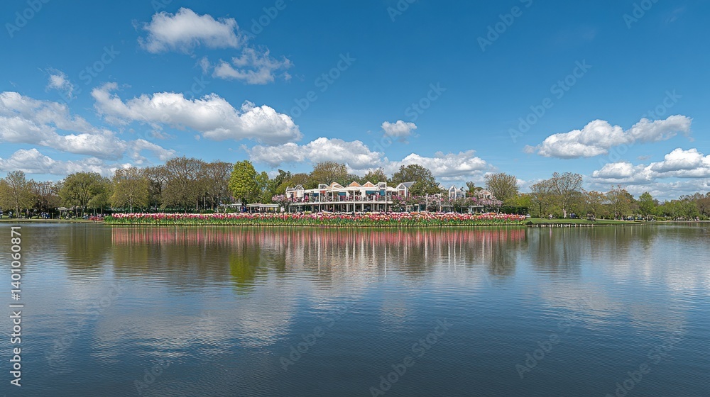 Obraz premium A tranquil lake reflecting a building and its surrounding environment