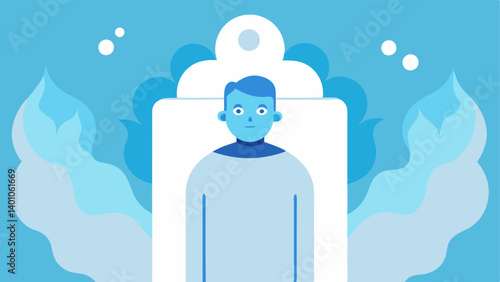 PostTreatment Relief A depiction of the patient emerging from the cryotherapy session looking rejuvenated and energized surrounded by wisps of dissipating vapor.