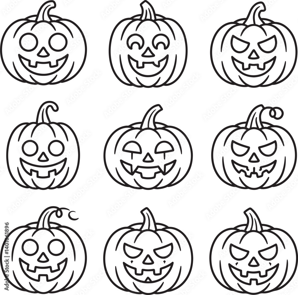Set of pumpkin line art vector illustration isolated On Transparent Background Set of pumpkin line art vector illustration isolated On Transparent Background