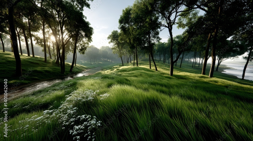 Obraz premium Serene Sunrise Landscape Adventure in Lush Green Valley Nature Photography Peaceful Environment Scenic View