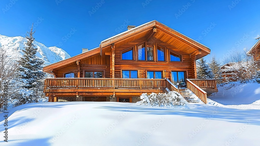 A majestic wooden chalet nestled in a snow-covered mountain landscape, bathed in sunlight A majestic wooden chalet nestled in a snow-covered mountain landscape, bathed in sunlight