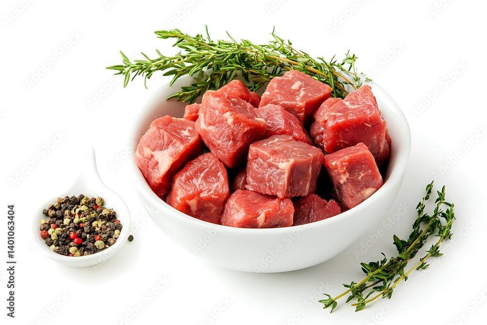 Savory Cubed Beef with Vegetables and Herbs in Bowl on White Background – Hearty & Flavorful Dish Close-Up Savory Cubed Beef with Vegetables and Herbs in Bowl on White Background – Hearty & Flavorful Dish Close-Up