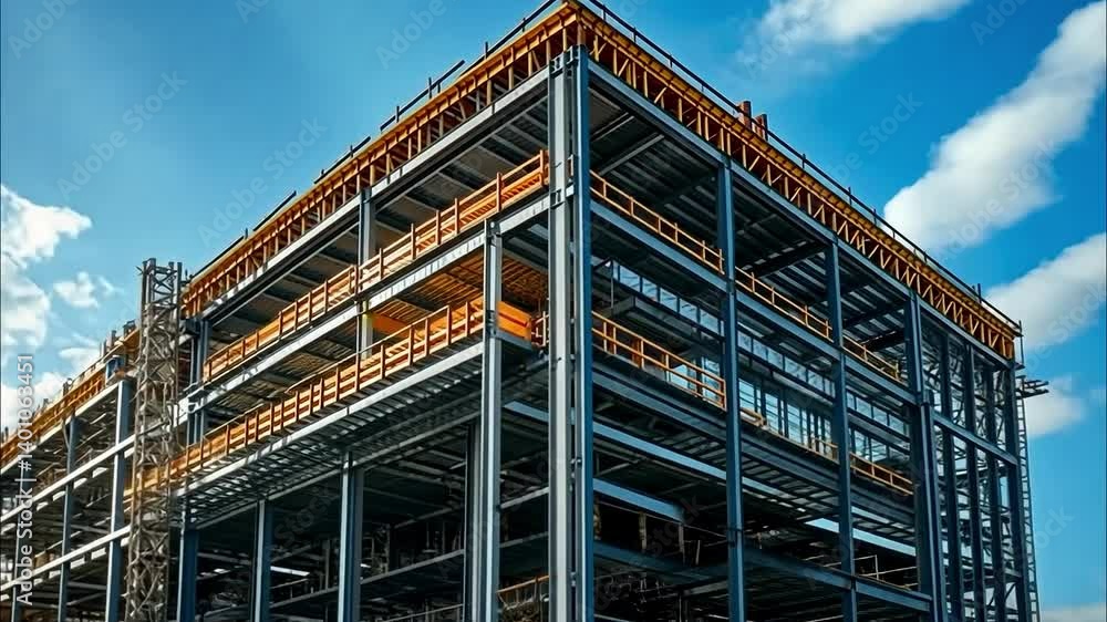 Construction of a modern office building with steel framework and clear blue sky background Construction of a modern office building with steel framework and clear blue sky background