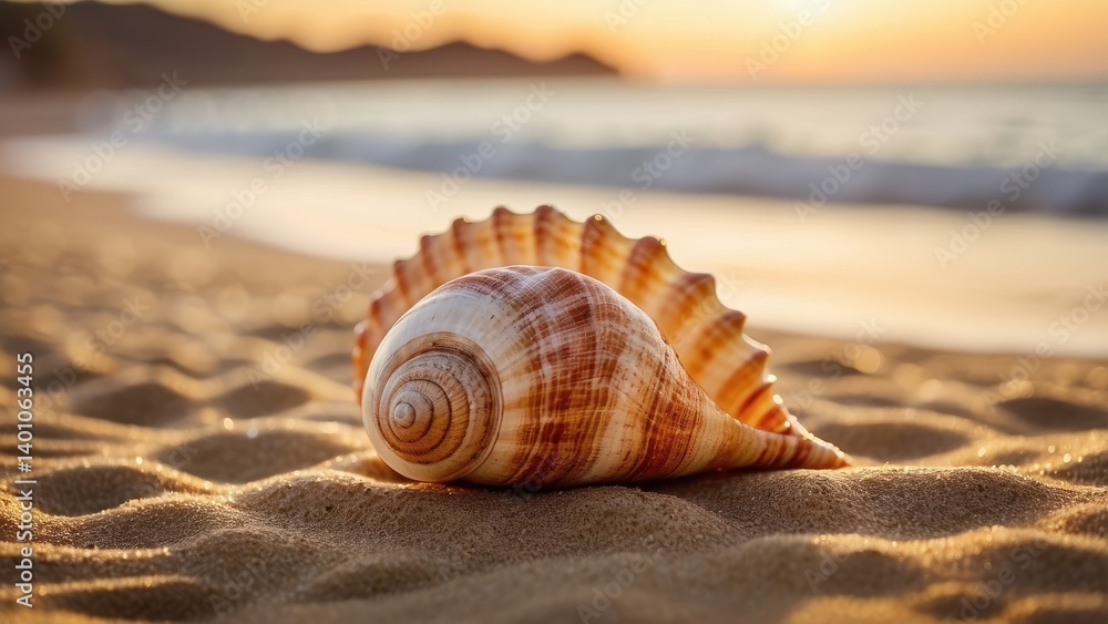 Close-up of a patterned seashell on sandy beach during sunset with bokeh light effects. Close-up of a patterned seashell on sandy beach during sunset with bokeh light effects.