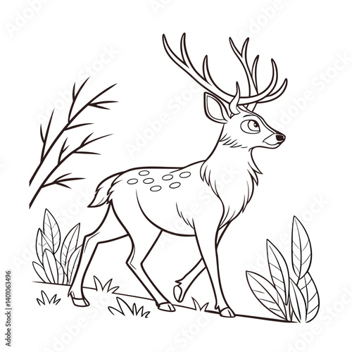 deer in the forest coloring book page vector illustration