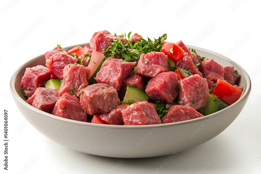 Savory Cubed Beef with Vegetables and Herbs in Bowl on White Background – Hearty & Flavorful Dish Close-Up Savory Cubed Beef with Vegetables and Herbs in Bowl on White Background – Hearty & Flavorful Dish Close-Up